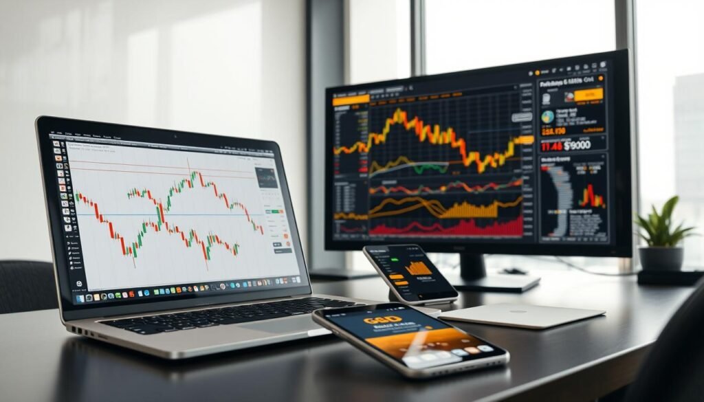 A detailed, high-quality gold chart analysis setup on a modern desk. In the foreground, a laptop displays a gold price chart, with various technical analysis tools and indicators overlaid. Beside it, a high-resolution monitor shows a comprehensive dashboard of gold market data and charting tools. In the middle ground, a tablet device showcases a mobile app for gold price tracking and alerts. The background features a clean, minimalist office environment with soft, indirect lighting from a large window, creating a calm and professional atmosphere conducive to in-depth market research and analysis.