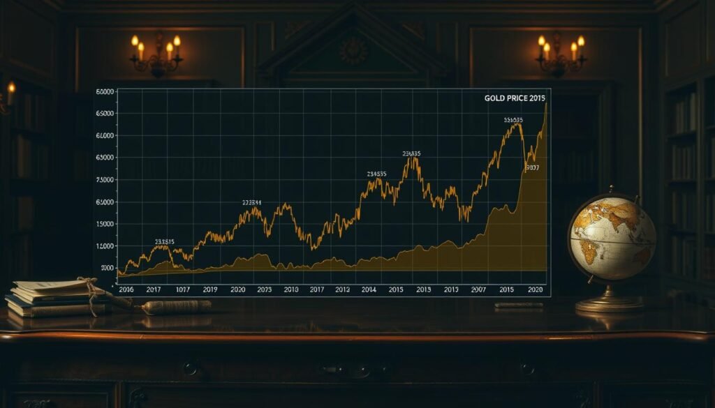 A detailed, high-resolution graph depicting the historical fluctuations of global gold prices over the past century. The graph is displayed against a backdrop of a dimly lit, sombre room with warm lighting, conveying a sense of scholarly contemplation. The lines and data points are rendered with precision, highlighting key economic and political events that have shaped the price trajectory. The graph is presented on an elegant mahogany desk, surrounded by vintage books and a globe, evoking a timeless atmosphere of historical analysis. The composition is balanced, with the graph occupying the central focus, while the surrounding environment provides a contextual frame. The overall mood is one of thoughtful investigation into the complex relationship between world events and the value of this precious metal.