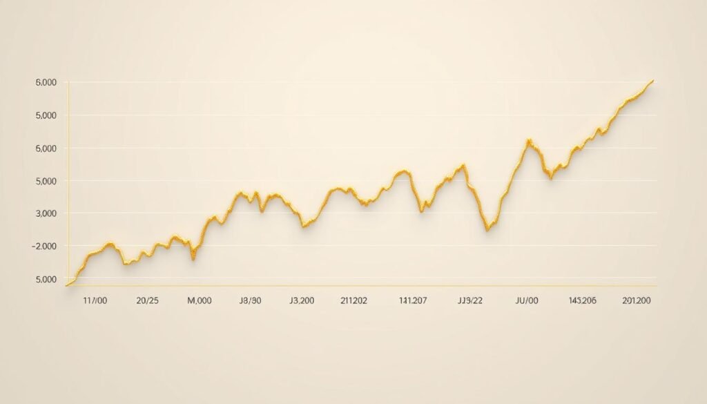 A detailed, high-resolution graph depicting the performance of the gold price throughout the third quarter of 2023. The graph should be rendered in a clean, minimalist style with a neutral color palette, allowing the data to take center stage. The background should be a soft, muted gradient, complementing the graph's elegant design. The graph lines should be rendered in a warm, metallic gold hue, reflecting the subject matter. The x-axis should display the months of the quarter, while the y-axis should show the price range. The overall composition should convey a sense of analytical clarity and financial insight, suitable for inclusion in the article's "The Current State of the Gold Market" section.