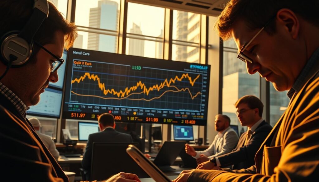 A detailed, high-resolution image of the impact of retail investors on the gold markets. Set in a modern financial office, the foreground depicts a group of traders closely monitoring stock tickers, their faces reflecting a mix of focus and determination. In the middle ground, a large screen displays real-time gold price fluctuations, with lines and charts tracing the volatility. The background showcases the bustling cityscape outside the office windows, hinting at the wider economic forces at play. The lighting is warm and natural, creating a sense of urgency and intensity. The composition emphasizes the interconnectedness of the retail investor, the gold market, and the broader economic landscape.