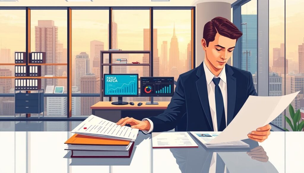 A detailed illustration of FATCA compliance, showcasing a modern financial office interior. In the foreground, a businessperson reviewing documents and financial reports on a sleek desk, illuminated by warm, directional lighting. In the middle ground, shelves of organized files and a computer monitor displaying FATCA-related analytics. The background features floor-to-ceiling windows overlooking a bustling cityscape, conveying a sense of professionalism and global connectivity. The overall atmosphere is one of diligence, attention to detail, and adherence to international tax regulations.