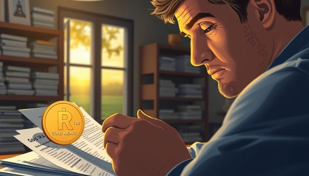 A detailed illustration of a gold IRA conversion process. In the foreground, a person reviewing financial documents, their face illuminated by a warm, ambient light. In the middle ground, a symbolic golden coin and a retirement account statement. In the background, shelves of financial records and a window hinting at a serene, natural landscape. The overall mood is one of thoughtful consideration and the gravity of a significant financial decision. Rendered with a realistic, photorealistic style using a high-quality digital camera lens. A detailed illustration of a gold IRA conversion process. In the foreground, a person reviewing financial documents, their face illuminated by a warm, ambient light. In the middle ground, a symbolic golden coin and a retirement account statement. In the background, shelves of financial records and a window hinting at a serene, natural landscape. The overall mood is one of thoughtful consideration and the gravity of a significant financial decision. Rendered with a realistic, photorealistic style using a high-quality digital camera lens.