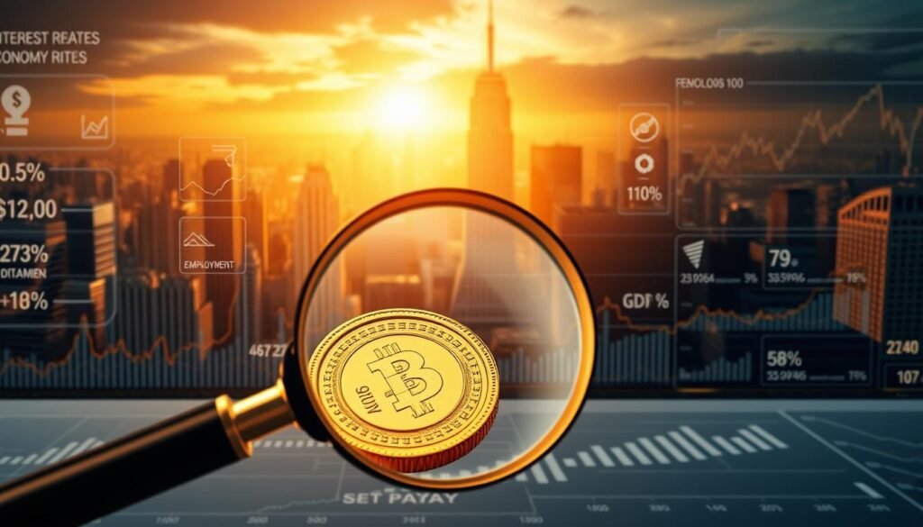 A detailed illustration of economic indicators influencing gold prices. In the foreground, a magnifying glass examines a gold bullion against a backdrop of financial charts, graphs, and statistics. The middle ground features various economic metrics like interest rates, inflation, GDP, and employment data, visually represented as interactive digital dashboards. In the background, an expansive cityscape with towering skyscrapers is illuminated by a warm, golden light, evoking a sense of economic prosperity. The scene is rendered with a high level of photorealism, using a shallow depth of field and cinematic lighting to draw the viewer's attention to the key elements. The overall mood conveys the complex interplay between macroeconomic factors and their impact on the gold market.