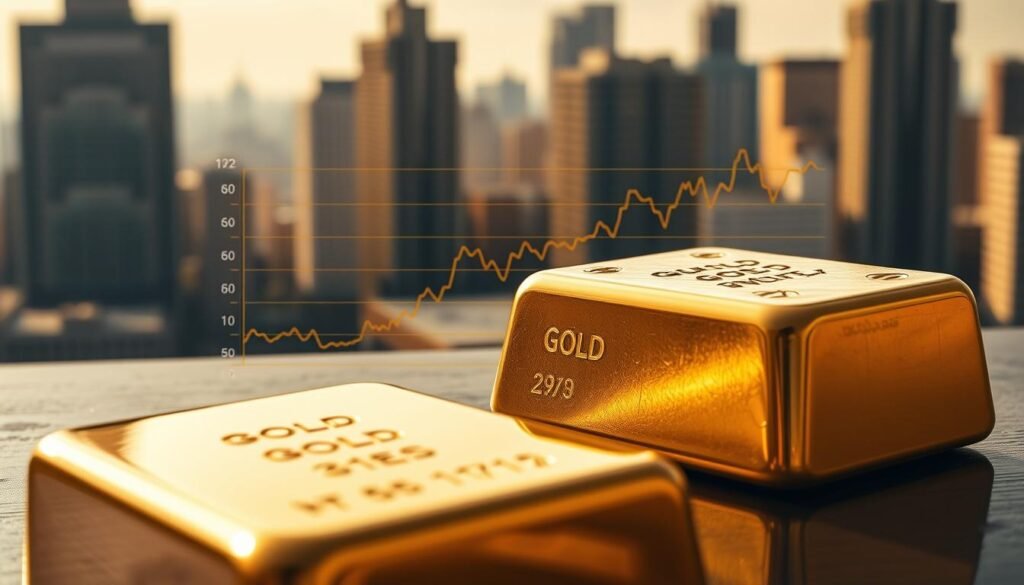 A detailed illustration of gold's historical performance as an inflation hedge. In the foreground, a polished gold bar reflecting the surroundings. In the middle ground, a graph depicting gold's price movements overlaid with a line chart representing inflation rates over time. The background shows a cityscape with skyscrapers, conveying the financial and economic context. The lighting is warm and natural, creating a sense of stability and timelessness. The camera angle is slightly elevated, giving an authoritative and analytical perspective on the subject matter. A detailed illustration of gold's historical performance as an inflation hedge. In the foreground, a polished gold bar reflecting the surroundings. In the middle ground, a graph depicting gold's price movements overlaid with a line chart representing inflation rates over time. The background shows a cityscape with skyscrapers, conveying the financial and economic context. The lighting is warm and natural, creating a sense of stability and timelessness. The camera angle is slightly elevated, giving an authoritative and analytical perspective on the subject matter.