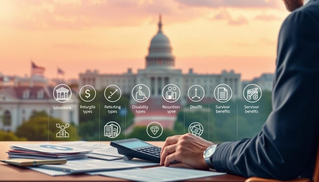 A detailed illustration of the fundamental aspects of Social Security benefits. In the foreground, a person reviewing their Social Security statement, surrounded by financial documents and a calculator, conveying a sense of careful planning. In the middle ground, an array of icons representing different benefit types, such as retirement, disability, and survivor benefits. In the background, a softly blurred landscape featuring government buildings and the American flag, establishing a patriotic and institutional context. The lighting is warm and inviting, with a subtle depth of field creating a sense of depth and focus. The overall mood is one of diligence, security, and the important role of Social Security in financial planning.