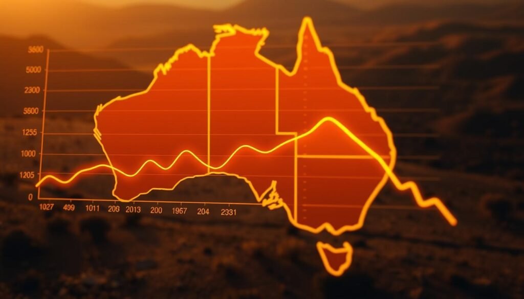 A detailed line graph depicting Australia's gold production statistics over the past decade, illuminated by warm, golden lighting. The foreground showcases the precise numerical data, presented in a clean, legible manner. The middle ground features a stylized map of Australia, its states and territories delineated, to provide geographical context. The background subtly evokes the country's rugged, mineral-rich landscapes, with hints of rolling hills and sparse vegetation. The overall composition conveys a sense of authority, professionalism and Australia's significant role in the global gold supply.