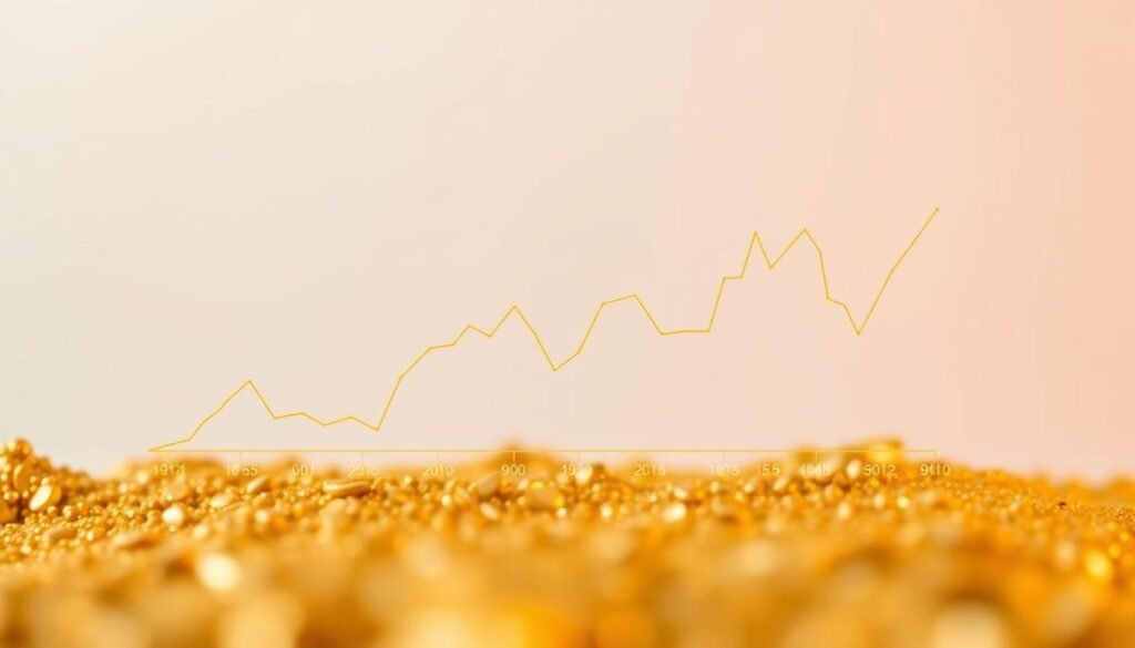 A detailed line graph depicting the fluctuations of gold prices over the past 5 years, rendered in a minimalist, data-driven style. The graph should be prominently displayed in the foreground, with a clean and uncluttered background featuring subtle gradients of gold, bronze, and warm tones to evoke the essence of the precious metal. The lighting should be soft and diffused, creating a sense of depth and emphasizing the clarity of the data visualization. The perspective should be slightly elevated, giving the viewer a bird's-eye view of the graph and the surrounding environment. A detailed line graph depicting the fluctuations of gold prices over the past 5 years, rendered in a minimalist, data-driven style. The graph should be prominently displayed in the foreground, with a clean and uncluttered background featuring subtle gradients of gold, bronze, and warm tones to evoke the essence of the precious metal. The lighting should be soft and diffused, creating a sense of depth and emphasizing the clarity of the data visualization. The perspective should be slightly elevated, giving the viewer a bird's-eye view of the graph and the surrounding environment.
