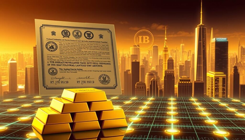 A detailed, meticulously crafted illustration of the regulatory landscape for tokenized gold. In the foreground, a stack of gold bullion bars capped by a document emblazoned with government seals and stamps, symbolizing the intersection of physical gold and digital regulation. The middle ground features a holographic grid of blockchain nodes and cryptographic symbols, casting an ethereal glow over the scene. In the background, a cityscape of towering skyscrapers and financial institutions, conveying the high-stakes, complex environment of the global economy. The lighting is warm and inviting, with highlights on the gold and official paperwork to emphasize their importance. The overall mood is one of thoughtful contemplation, hinting at the careful balance required to navigate the tokenized gold regulatory framework. A detailed, meticulously crafted illustration of the regulatory landscape for tokenized gold. In the foreground, a stack of gold bullion bars capped by a document emblazoned with government seals and stamps, symbolizing the intersection of physical gold and digital regulation. The middle ground features a holographic grid of blockchain nodes and cryptographic symbols, casting an ethereal glow over the scene. In the background, a cityscape of towering skyscrapers and financial institutions, conveying the high-stakes, complex environment of the global economy. The lighting is warm and inviting, with highlights on the gold and official paperwork to emphasize their importance. The overall mood is one of thoughtful contemplation, hinting at the careful balance required to navigate the tokenized gold regulatory framework.