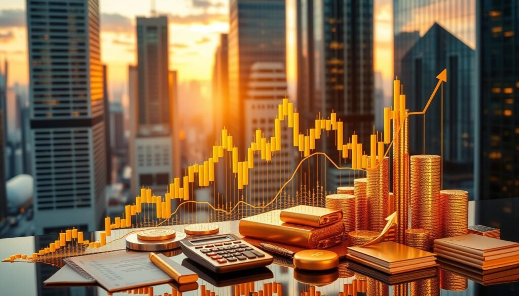 A detailed, technical illustration of the gold price formation process, showcased against a backdrop of a bustling financial district. The foreground depicts a 3D chart displaying gold price fluctuations, with dynamic lines and candlestick formations rendered in a gleaming metallic gold. The midground features a collection of financial instruments, such as stock tickers, calculators, and ledgers, arranged in a visually striking composition. The background encompasses a panoramic view of skyscrapers, with a warm, golden-hour lighting filtering through the windows, creating a sense of depth and atmosphere. The overall scene conveys a data-driven, yet aesthetically pleasing, representation of the fundamental factors driving the gold market.