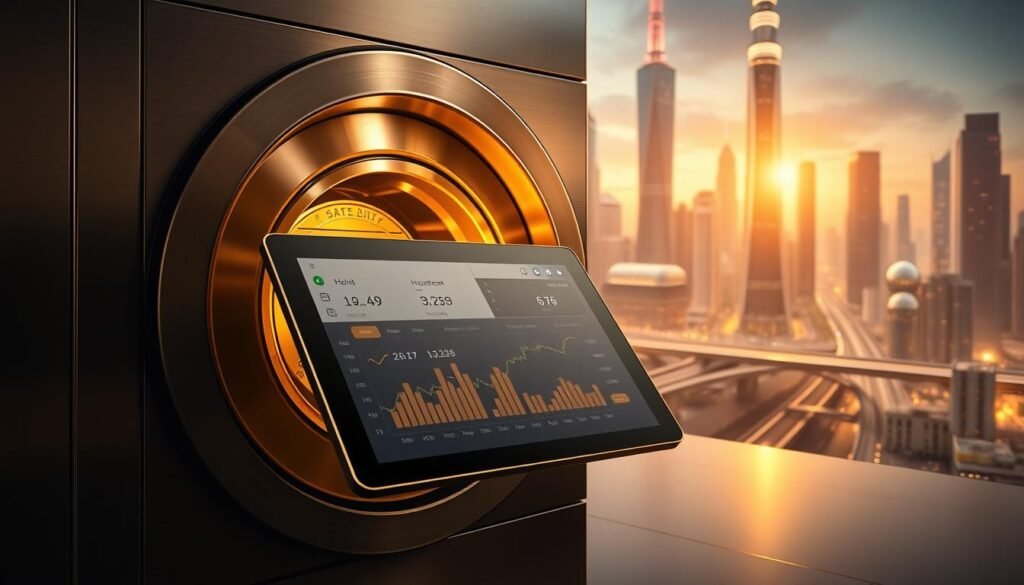 A digital gold bullion secured in a sleek titanium vault, illuminated by soft golden lighting and crisp reflections. In the foreground, a tablet displaying real-time market data and investment analytics hovers over the vault, showcasing the seamless integration of traditional and digital gold investment. In the background, a futuristic cityscape with towering skyscrapers and advanced transportation systems conveys the modernization of the gold investment landscape. The overall atmosphere exudes a sense of technological sophistication, financial security, and the evolution of precious metal markets. A digital gold bullion secured in a sleek titanium vault, illuminated by soft golden lighting and crisp reflections. In the foreground, a tablet displaying real-time market data and investment analytics hovers over the vault, showcasing the seamless integration of traditional and digital gold investment. In the background, a futuristic cityscape with towering skyscrapers and advanced transportation systems conveys the modernization of the gold investment landscape. The overall atmosphere exudes a sense of technological sophistication, financial security, and the evolution of precious metal markets.