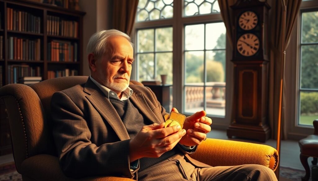 A dignified elderly man sits in a comfortable armchair, meticulously studying gold coins and bars in his hands. Soft, warm lighting from a nearby lamp casts a golden glow on his face, conveying a sense of contemplation and financial prudence. The background features a tastefully decorated study, with bookshelves, a grandfather clock, and a large window revealing a serene garden scene. The overall atmosphere evokes a timeless elegance, reflecting the wisdom and experience of a seasoned investor.