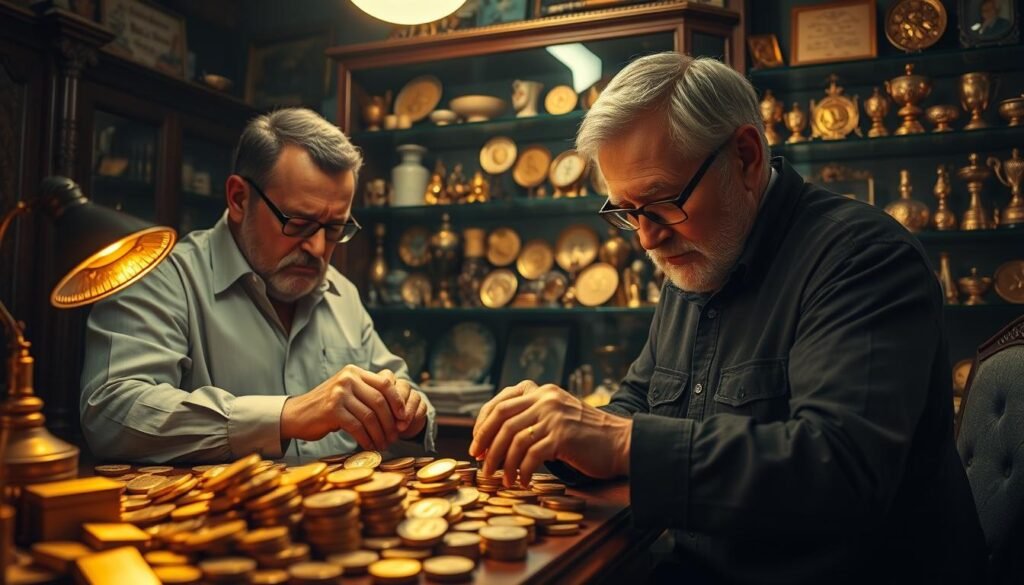A dimly lit appraisal room, the air heavy with the scent of antique oak and polished brass. In the foreground, two seasoned gold appraisers meticulously examine a collection of gleaming coins and bars, their expert fingers tracing the intricate designs, their expressions one of deep concentration. Soft, warm lighting casts a golden glow, highlighting the weight and heft of the precious metals. In the background, a well-stocked shelving unit displays a diverse array of rare and valuable collectibles, each item a testament to the appraiser's keen eye and vast knowledge. The scene conveys the reverence and precision required to accurately evaluate the worth of these coveted assets.
