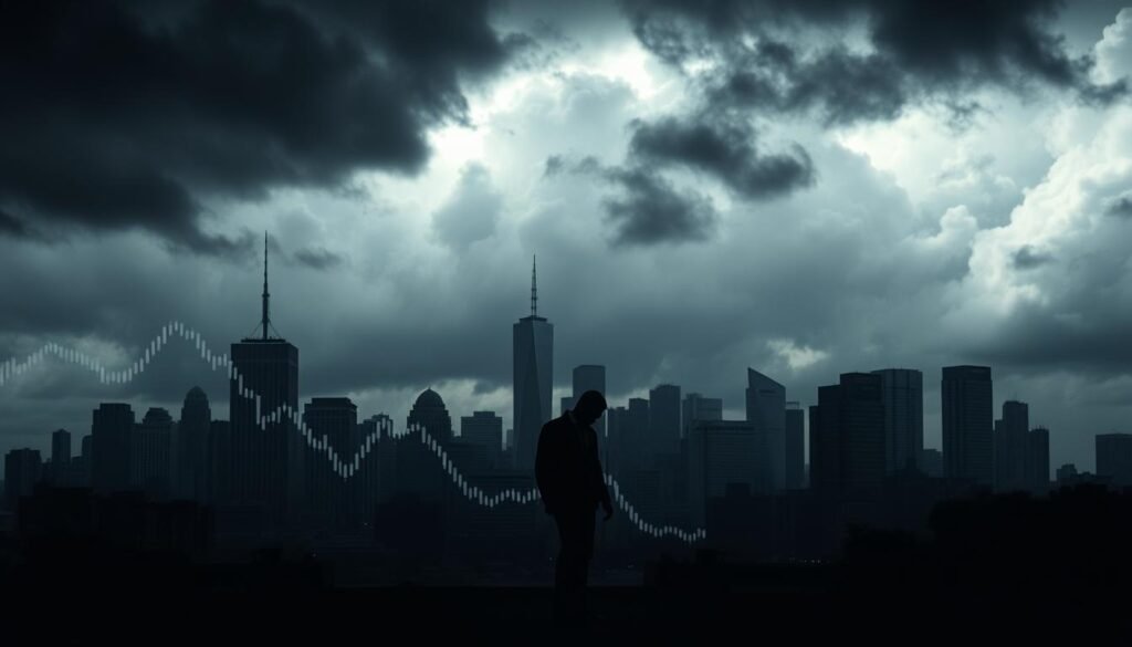 A dimly lit cityscape, the skyline obscured by looming storm clouds. In the foreground, a stock chart displaying a downward trend, casting an ominous shadow over the urban landscape. The buildings are in muted greys and browns, conveying a sense of economic stagnation. A lone figure stands, head bowed, amidst the gloomy scene, symbolizing the weight of recession on individuals. The lighting is harsh, creating deep shadows and highlighting the sense of uncertainty and unease. The overall atmosphere is one of unease and apprehension, reflecting the turbulent economic conditions. A dimly lit cityscape, the skyline obscured by looming storm clouds. In the foreground, a stock chart displaying a downward trend, casting an ominous shadow over the urban landscape. The buildings are in muted greys and browns, conveying a sense of economic stagnation. A lone figure stands, head bowed, amidst the gloomy scene, symbolizing the weight of recession on individuals. The lighting is harsh, creating deep shadows and highlighting the sense of uncertainty and unease. The overall atmosphere is one of unease and apprehension, reflecting the turbulent economic conditions.