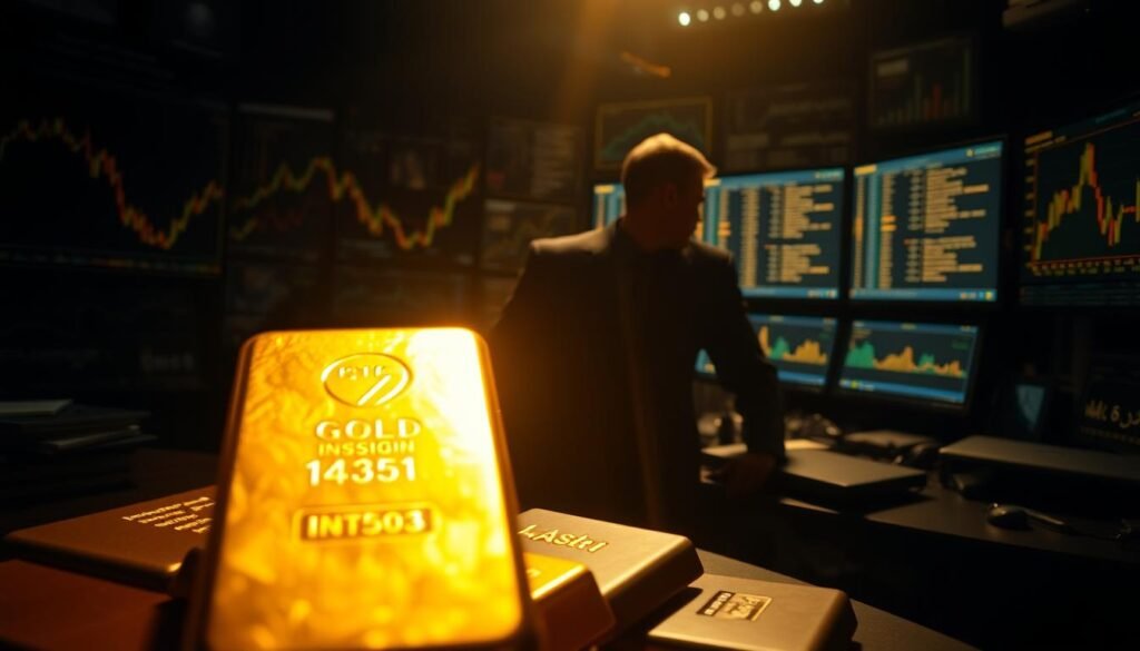 A dimly lit, high-contrast scene depicting the complex world of the secondary gold market. In the foreground, a gleaming gold bar is prominently displayed, casting a warm, metallic glow. The middle ground features a maze of financial charts, graphs, and analytical tools, representing the intricate data and analysis that drives this market. In the background, a shadowy figure, perhaps a seasoned gold trader, peers intently at a series of monitors, immersed in the real-time fluctuations of gold prices. The overall atmosphere is one of intensity, precision, and the pursuit of financial opportunity, capturing the essence of "The Secondary Gold Market Explained."