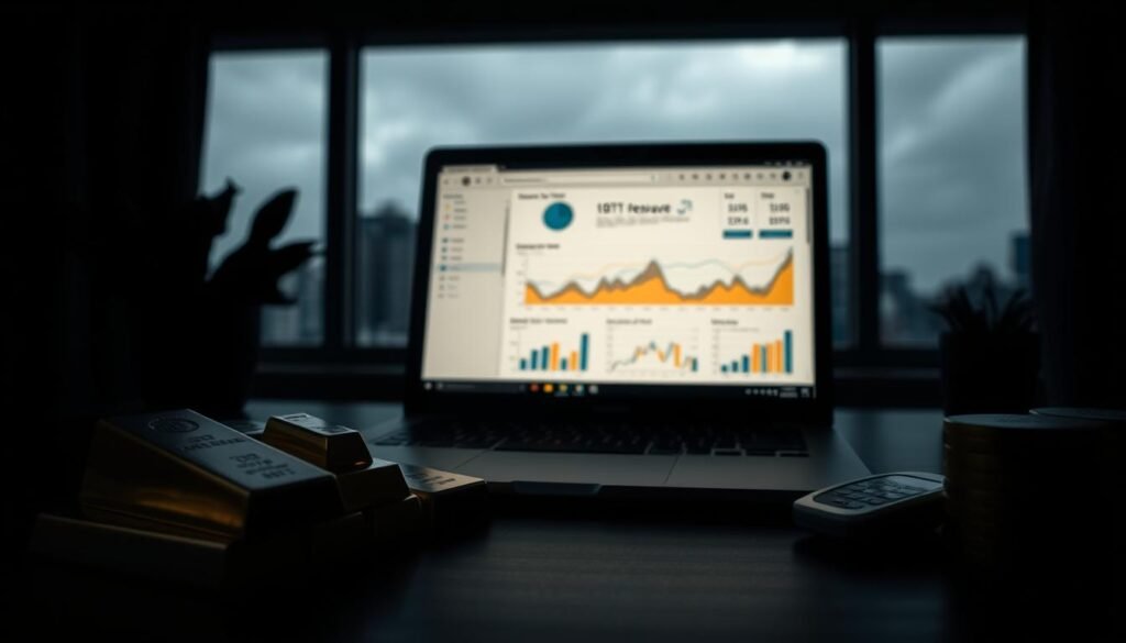 A dimly lit, high-contrast scene of a conservative investment portfolio. In the foreground, a stack of gold bars and a few US Treasury bonds stand out against a dark background. The middle ground features a laptop displaying a portfolio analysis dashboard, with charts and graphs depicting risk-averse asset allocation. In the background, a window reveals a gloomy, overcast urban skyline, symbolizing the uncertainty and volatility of the financial markets. The overall atmosphere conveys a sense of caution, prudence, and risk-mitigation strategies employed in a risk-off investment approach. A dimly lit, high-contrast scene of a conservative investment portfolio. In the foreground, a stack of gold bars and a few US Treasury bonds stand out against a dark background. The middle ground features a laptop displaying a portfolio analysis dashboard, with charts and graphs depicting risk-averse asset allocation. In the background, a window reveals a gloomy, overcast urban skyline, symbolizing the uncertainty and volatility of the financial markets. The overall atmosphere conveys a sense of caution, prudence, and risk-mitigation strategies employed in a risk-off investment approach.