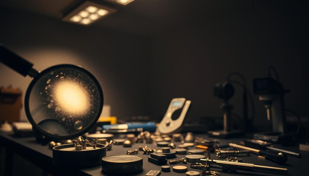 A dimly lit laboratory workspace, with various metal objects and tools arranged on a cluttered table. Overhead, a soft, warm glow from recessed lighting casts subtle shadows, creating an atmosphere of focused investigation. In the foreground, a magnifying glass hovers over a small, intricate metal component, its surface reflecting the muted light. In the middle ground, an array of specialized instruments, including a digital caliper and a microspectrometer, stand ready to analyze the properties of the precious metals under scrutiny. The background fades into a hazy, neutral-toned setting, emphasizing the importance of the meticulous work taking place on the table. A dimly lit laboratory workspace, with various metal objects and tools arranged on a cluttered table. Overhead, a soft, warm glow from recessed lighting casts subtle shadows, creating an atmosphere of focused investigation. In the foreground, a magnifying glass hovers over a small, intricate metal component, its surface reflecting the muted light. In the middle ground, an array of specialized instruments, including a digital caliper and a microspectrometer, stand ready to analyze the properties of the precious metals under scrutiny. The background fades into a hazy, neutral-toned setting, emphasizing the importance of the meticulous work taking place on the table.