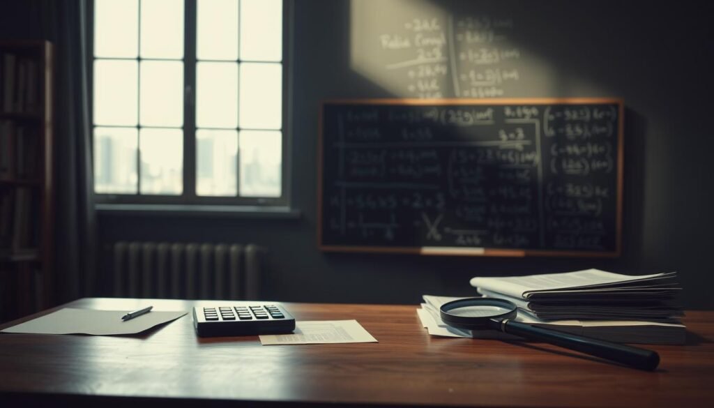A dimly lit office interior, with a wooden desk in the foreground. On the desk, a calculator, a stack of financial reports, and a magnifying glass, hinting at the analytical process of ratio analysis. The middle ground features a chalkboard or whiteboard, with various financial ratios and calculations scrawled across its surface, reflecting the complexities of the topic. In the background, partially obscured by shadows, a window overlooking a cityscape, suggesting the broader context and real-world implications of ratio analysis. The lighting is soft and moody, creating a contemplative atmosphere, highlighting the limitations and nuances of this financial tool. A dimly lit office interior, with a wooden desk in the foreground. On the desk, a calculator, a stack of financial reports, and a magnifying glass, hinting at the analytical process of ratio analysis. The middle ground features a chalkboard or whiteboard, with various financial ratios and calculations scrawled across its surface, reflecting the complexities of the topic. In the background, partially obscured by shadows, a window overlooking a cityscape, suggesting the broader context and real-world implications of ratio analysis. The lighting is soft and moody, creating a contemplative atmosphere, highlighting the limitations and nuances of this financial tool.