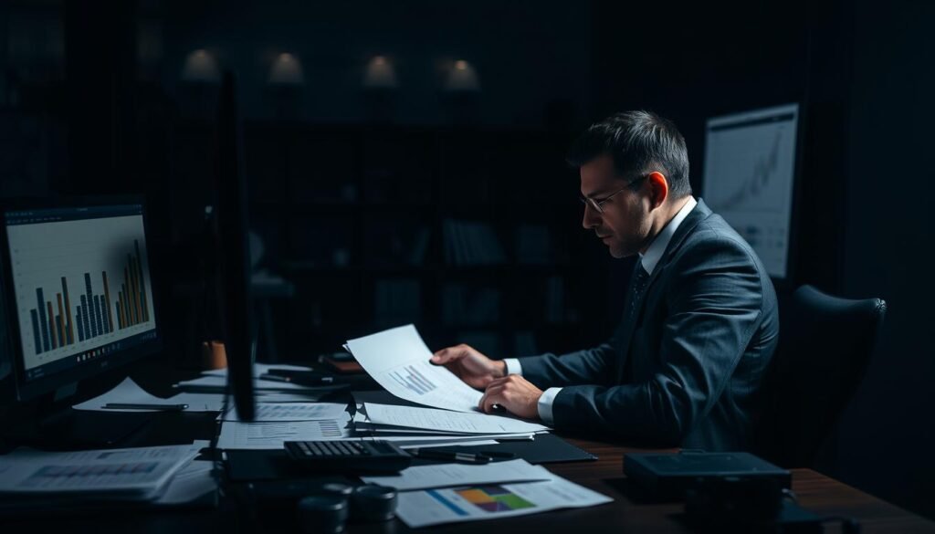 A dimly lit office setting, with a businessman in a sharp suit sitting at a desk, surrounded by documents and a computer screen. The desk is cluttered with financial charts, graphs, and a calculator, conveying a sense of deep concentration and analysis. Soft, directional lighting illuminates the scene, casting shadows that add depth and drama. The background is blurred, hinting at the broader context of a financial institution or investment firm. The overall atmosphere is one of focused intensity, as the subject meticulously examines the intricacies of the portfolio rebalancing process. A dimly lit office setting, with a businessman in a sharp suit sitting at a desk, surrounded by documents and a computer screen. The desk is cluttered with financial charts, graphs, and a calculator, conveying a sense of deep concentration and analysis. Soft, directional lighting illuminates the scene, casting shadows that add depth and drama. The background is blurred, hinting at the broader context of a financial institution or investment firm. The overall atmosphere is one of focused intensity, as the subject meticulously examines the intricacies of the portfolio rebalancing process.