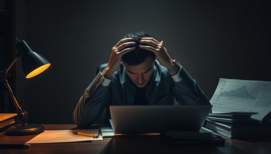A dimly lit office setting, with a businessperson seated at a desk, surrounded by financial charts and documents. The figure appears frustrated, hands gripping their head, as they contemplate the pitfalls of gold hedging strategies. The background is muted, with shadows casting an ominous tone, emphasizing the complexities and risks involved. Warm, golden hues from a single desk lamp illuminate the scene, creating a sense of unease and uncertainty. The composition utilizes dramatic angles and a tightly cropped framing to heighten the tension and focus the viewer's attention on the subject's dilemma.