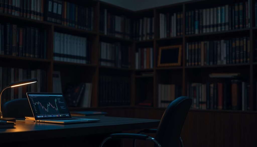 A dimly lit office setting, with a desk and chair in the foreground. On the desk, a laptop displaying a graph or chart, representing financial data. In the background, bookshelves filled with financial and investment-related books, creating a sense of authority and expertise. Soft, warm lighting casts a subtle glow, lending an air of contemplation and analysis. The overall mood is one of focused evaluation and thoughtful consideration of hedging strategies and their effectiveness.