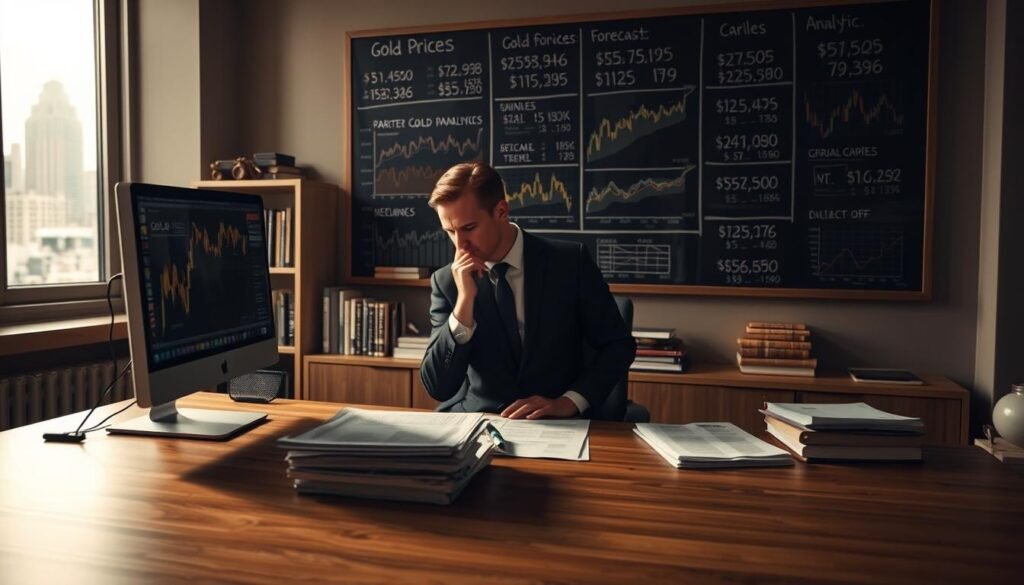 A dimly lit office setting, with a large desk in the foreground. On the desk, a stack of financial reports and a computer monitor displaying fluctuating gold prices. Behind the desk, a wall-mounted chalkboard showcases various gold price forecasts and analytics. Soft, warm lighting casts a pensive atmosphere, as an analyst in a tailored suit pores over the data, deep in thought. The middle ground features a bookshelf filled with economic textbooks and journals, while the background blurs into a cityscape visible through a window, hinting at the global nature of the gold market. A dimly lit office setting, with a large desk in the foreground. On the desk, a stack of financial reports and a computer monitor displaying fluctuating gold prices. Behind the desk, a wall-mounted chalkboard showcases various gold price forecasts and analytics. Soft, warm lighting casts a pensive atmosphere, as an analyst in a tailored suit pores over the data, deep in thought. The middle ground features a bookshelf filled with economic textbooks and journals, while the background blurs into a cityscape visible through a window, hinting at the global nature of the gold market.