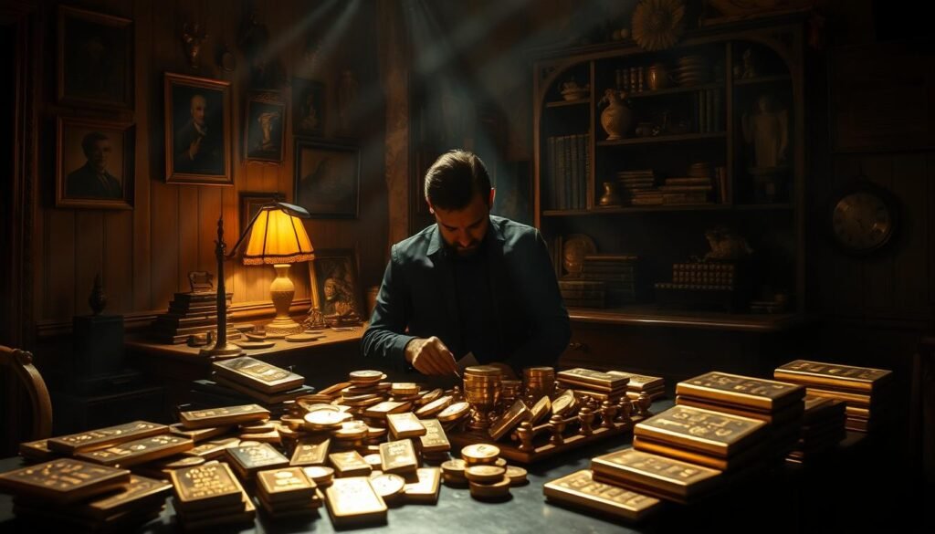 A dimly lit office, the walls adorned with faded gold-plated artifacts. In the center, a weathered desk, a single lamp casting a warm glow over piles of counterfeit gold bars and coins. A shadowy figure, their face obscured, expertly inspects the fraudulent goods, the gleam of the metal betraying the deception. The air is thick with a sense of unease, a palpable tension as the scam unfolds, the promise of easy wealth masking the true cost. Beams of light pierce the gloom, casting ominous shadows, a visual metaphor for the hidden dangers lurking beneath the surface of the gold fraud epidemic.