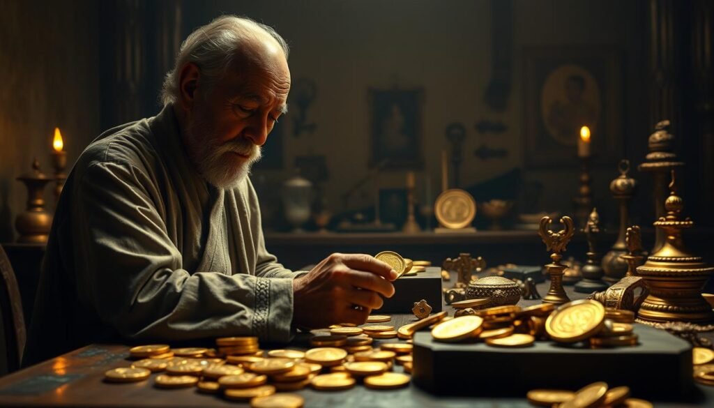A dimly lit room with ancient gold artifacts and treasures scattered across a wooden table. In the foreground, an elderly man in traditional garb examines a gleaming gold coin, his face etched with a pensive expression. The middle ground features various cultural relics and symbols, hinting at the rich history and significance of gold in different civilizations. The background is shrouded in a warm, muted light, creating a sense of timelessness and reverence for the enduring allure of this precious metal. The overall atmosphere conveys the deep-rooted psychological and cultural attachments that influence gold investing decisions.