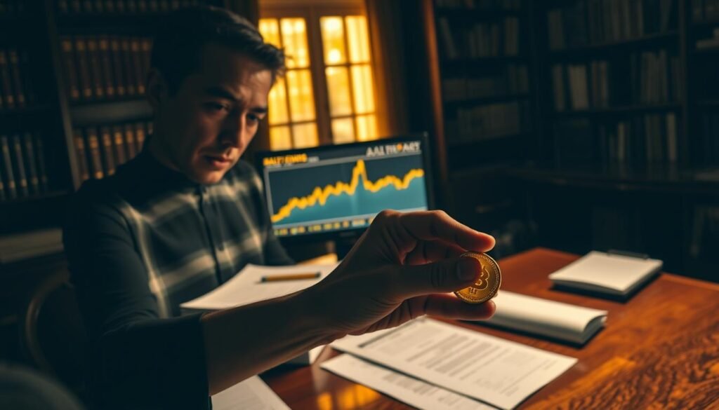 A dimly lit study with warm golden light filtering through the windows, illuminating a mahogany desk. On the desk, a stack of financial reports and a glowing computer monitor displaying a chart of rising gold prices. In the foreground, a person's hand holds a gold bullion coin, their expression one of contemplation and subtle self-assurance. The background features bookshelves filled with volumes on economics and investment strategies, hinting at the individual's depth of knowledge. The overall atmosphere conveys a sense of confidence and decision-making, as if the person is validating their own gold investment strategy.