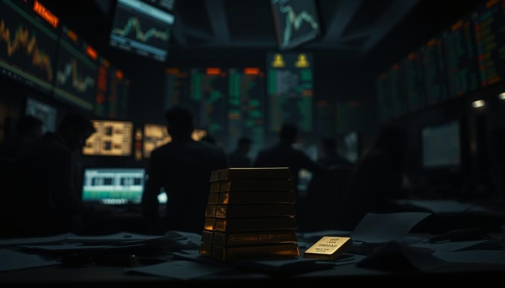 A dimly lit trading floor, shadowy figures hunched over terminals, the air thick with tension. Flickering screens display charts and graphs, casting an eerie glow. In the foreground, a stack of gold bars sits precariously, surrounded by scattered documents and a sense of unease. The background is a blur of activity, with the muted hum of computers and the occasional muffled shout. The lighting is harsh, creating deep shadows and highlights that convey a sense of risk and uncertainty. The composition is tightly framed, emphasizing the fragility and vulnerability of the secondary gold trading process. A dimly lit trading floor, shadowy figures hunched over terminals, the air thick with tension. Flickering screens display charts and graphs, casting an eerie glow. In the foreground, a stack of gold bars sits precariously, surrounded by scattered documents and a sense of unease. The background is a blur of activity, with the muted hum of computers and the occasional muffled shout. The lighting is harsh, creating deep shadows and highlights that convey a sense of risk and uncertainty. The composition is tightly framed, emphasizing the fragility and vulnerability of the secondary gold trading process.