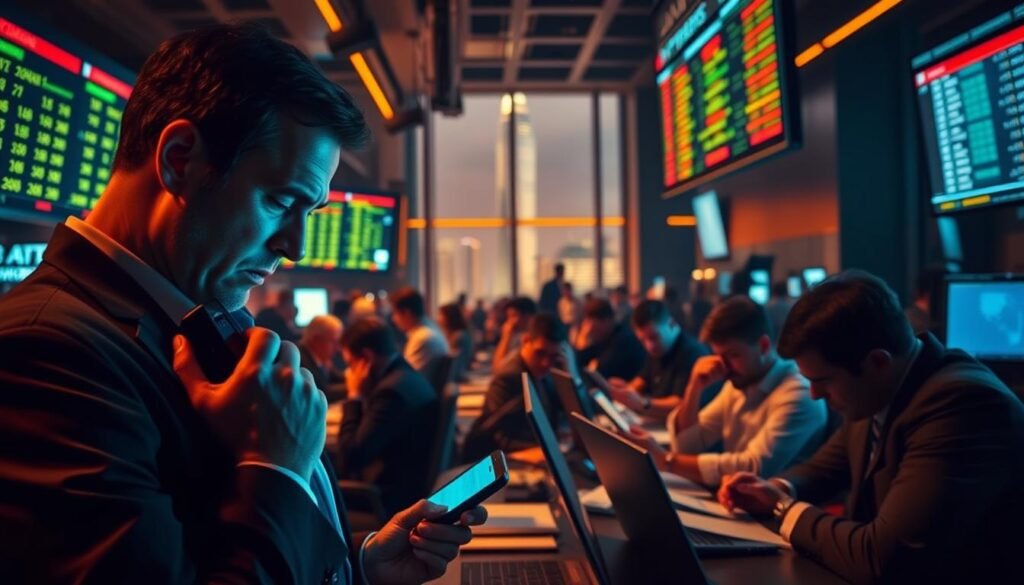 A dimly lit trading floor, with investors huddled around desks, their faces etched with concern as they monitor stock tickers. The room is bathed in a warm, amber glow, creating an atmosphere of unease and uncertainty. In the foreground, a stockbroker grips his phone, brow furrowed, as he relays the latest market updates. The middle ground is filled with the hustle and bustle of activity, with analysts poring over financial reports and traders gesturing animatedly. In the background, a towering skyline is visible through the windows, a reminder of the larger economic forces at play. The overall scene conveys the psychological impact of market volatility on investors, with a sense of tension and apprehension permeating the space.
