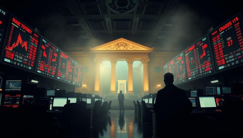 A dimly lit trading floor, with rows of desks and computer screens casting an eerie glow. In the foreground, a lone trader watches as stock tickers flash red, signaling a steep decline. The middle ground is filled with a hazy atmosphere, conveying the tension and unease of a market downturn. In the background, the gilded facade of a grand financial institution stands as a reminder of the fragility of wealth. The scene is lit by a somber, low-key lighting, creating a sense of impending doom. The overall mood is one of uncertainty and foreboding, reflecting the historical relationship between gold and market crashes.