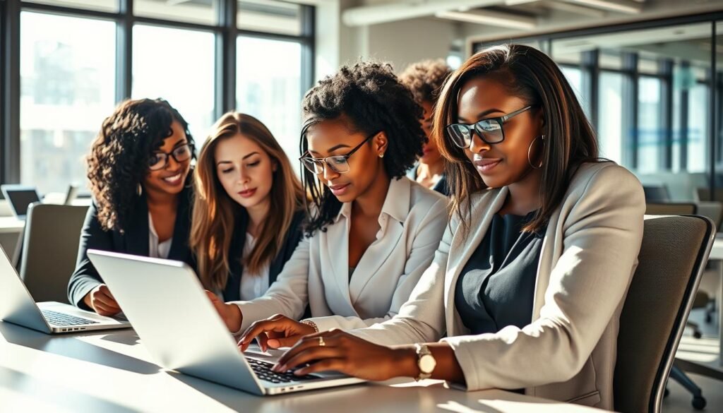 A diverse group of women in professional attire, intently focused on financial data displayed on laptops and tablets. The scene is set in a modern, well-lit office environment, with sleek desks and ergonomic chairs. Sunlight streams in through large windows, creating a warm, productive atmosphere. The women's expressions convey a sense of confidence, determination, and analytical engagement as they navigate investment trends and strategies. The overall composition emphasizes the growing presence and influence of women in the investment landscape.