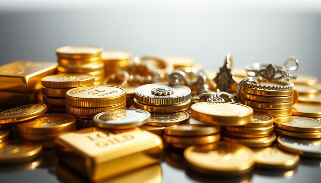 A diversified portfolio of gleaming precious metals, arranged with artistic precision. In the foreground, shimmering gold bars and coins catch the soft, diffused light. In the middle ground, sterling silver bullion and intricate jewelry pieces reflect the radiance. The background is a serene, minimalist setting, allowing the metals to take center stage. Captured through a wide-angle lens with a shallow depth of field, this image conveys the elegance, stability, and security that precious metals can bring to a well-rounded investment strategy.