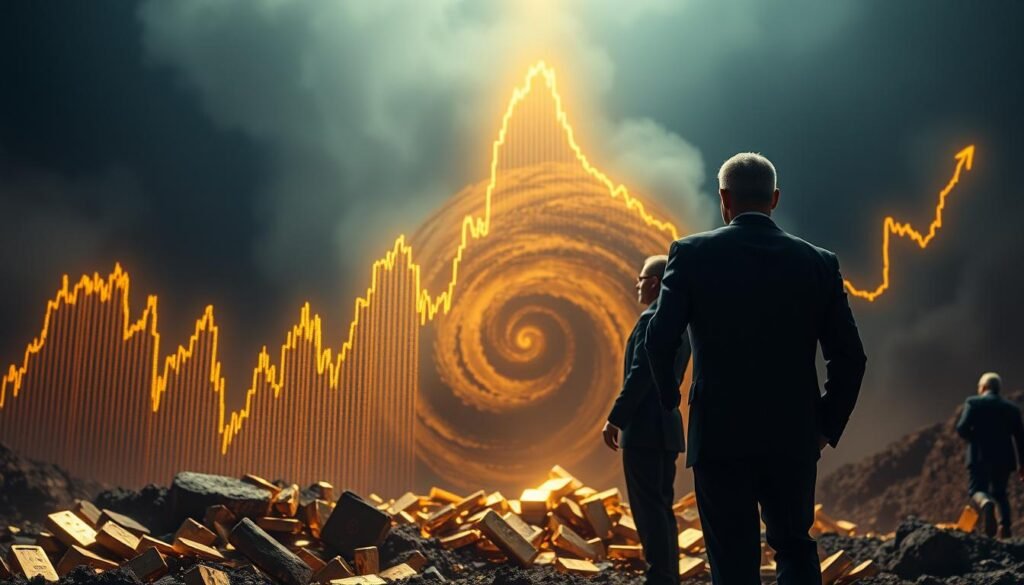 A dramatic, cinematic scene depicting the impact of volatile gold prices on mergers and acquisitions in the mining industry. In the foreground, two corporate executives in business attire stand before a towering golden graph, its lines fluctuating wildly, casting an ominous glow. In the middle ground, a swirling vortex of gold bullion and stock tickers symbolizes the chaotic market forces. The background is shrouded in a moody, atmospheric haze, hinting at the high-stakes, high-risk nature of M&A deals navigating the volatile gold landscape. Dramatic lighting casts sharp shadows, emphasizing the tension and uncertainty. The overall composition conveys a sense of the critical decisions and strategic maneuvering required to capitalize on gold price volatility in the pursuit of growth through mergers and acquisitions. A dramatic, cinematic scene depicting the impact of volatile gold prices on mergers and acquisitions in the mining industry. In the foreground, two corporate executives in business attire stand before a towering golden graph, its lines fluctuating wildly, casting an ominous glow. In the middle ground, a swirling vortex of gold bullion and stock tickers symbolizes the chaotic market forces. The background is shrouded in a moody, atmospheric haze, hinting at the high-stakes, high-risk nature of M&A deals navigating the volatile gold landscape. Dramatic lighting casts sharp shadows, emphasizing the tension and uncertainty. The overall composition conveys a sense of the critical decisions and strategic maneuvering required to capitalize on gold price volatility in the pursuit of growth through mergers and acquisitions.