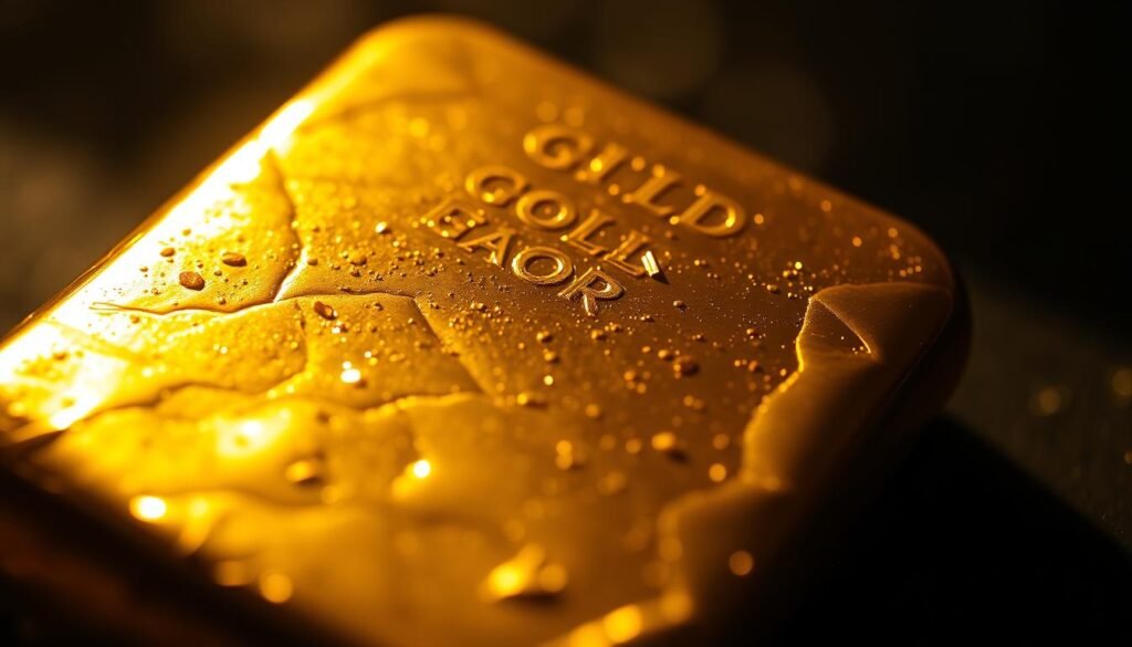 A dramatic close-up of a gold bullion bar, illuminated by warm, flickering light that casts mesmerizing shadows. The surface of the metal gleams and reflects, capturing the viewer's gaze with its hypnotic allure. The background is a moody, atmospheric setting, hinting at the volatility and emotional power of the precious metal. Subtle textures and highlights accentuate the tactile quality of the gold, inviting the viewer to reach out and touch it. The composition and lighting evoke a sense of reverence, awe, and the primal human connection to this timeless symbol of wealth and significance.