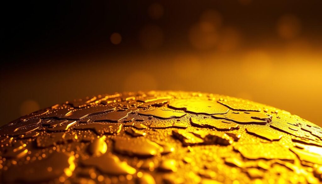 A dramatic, close-up view of a golden 3D-rendered metallic surface, capturing the intricate patterns and textural details of the "sentiment gold". The foreground is illuminated by warm, directional lighting, creating a sense of depth and dimension. The middle ground features a subtle, hazy bokeh effect, softening the edges and drawing the viewer's focus to the central subject. The background is a neutral, shadowy environment, allowing the golden object to take center stage. The overall mood is one of sophistication, power, and the allure of precious metals, reflecting the influence of media narratives on the gold market. A dramatic, close-up view of a golden 3D-rendered metallic surface, capturing the intricate patterns and textural details of the "sentiment gold". The foreground is illuminated by warm, directional lighting, creating a sense of depth and dimension. The middle ground features a subtle, hazy bokeh effect, softening the edges and drawing the viewer's focus to the central subject. The background is a neutral, shadowy environment, allowing the golden object to take center stage. The overall mood is one of sophistication, power, and the allure of precious metals, reflecting the influence of media narratives on the gold market.