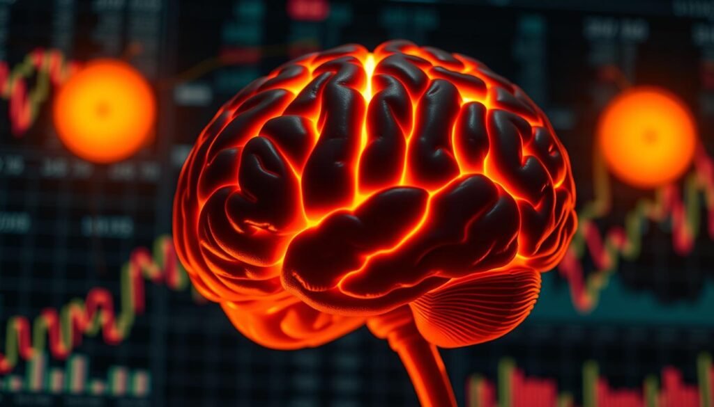 A dramatic close-up view of a human brain against a backdrop of financial charts and graphs, illuminated by warm, focused lighting. The brain's neural pathways are visible, pulsing with activity, symbolizing the complex neuropsychological processes underlying financial decision-making. The foreground is sharp and detailed, while the financial data in the middle and background is slightly blurred, emphasizing the brain's centrality in navigating volatile markets. An aura of contemplation and concentration pervades the scene, capturing the cognitive and emotional dimensions of financial risk-taking. A dramatic close-up view of a human brain against a backdrop of financial charts and graphs, illuminated by warm, focused lighting. The brain's neural pathways are visible, pulsing with activity, symbolizing the complex neuropsychological processes underlying financial decision-making. The foreground is sharp and detailed, while the financial data in the middle and background is slightly blurred, emphasizing the brain's centrality in navigating volatile markets. An aura of contemplation and concentration pervades the scene, capturing the cognitive and emotional dimensions of financial risk-taking.