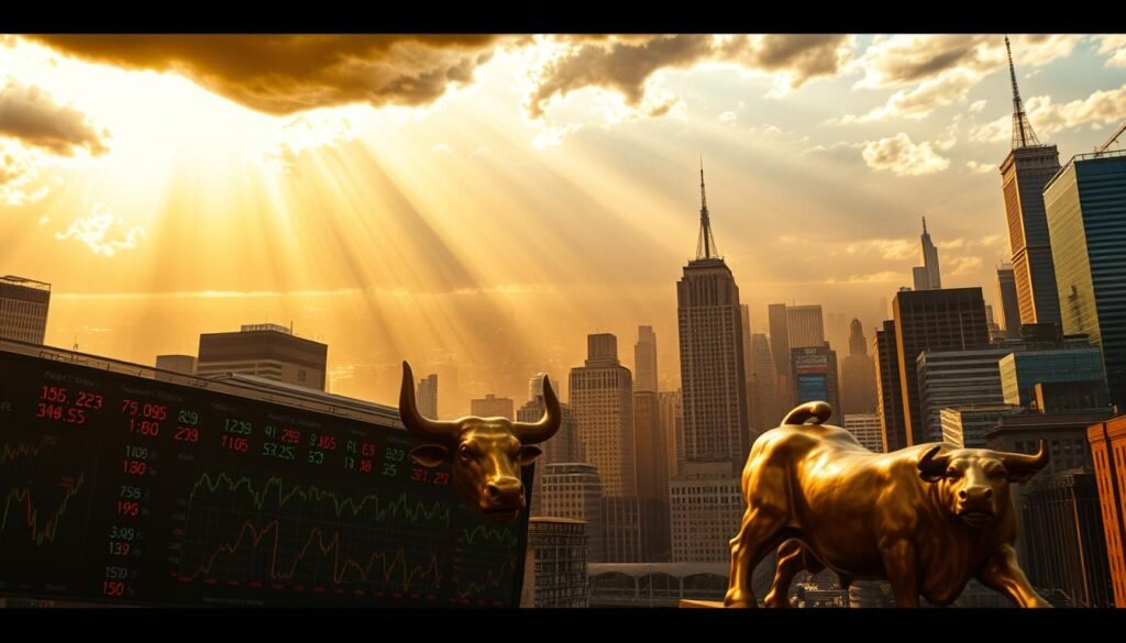 A dramatic golden sky with rays of sunlight filtering through ominous storm clouds, casting a warm glow over a bustling financial district. In the foreground, a bull statue stands tall, symbolizing the bullish market sentiment driving a surge in gold prices. In the middle ground, a matrix of stock tickers and financial data visualizations display the rapid fluctuations and volatility of the gold rally. The background features a sweeping cityscape with towering skyscrapers, reflecting the scale and significance of the market dynamics at play. The scene is captured with a cinematic wide-angle lens, conveying a sense of grandeur and the high-stakes nature of the gold rush.