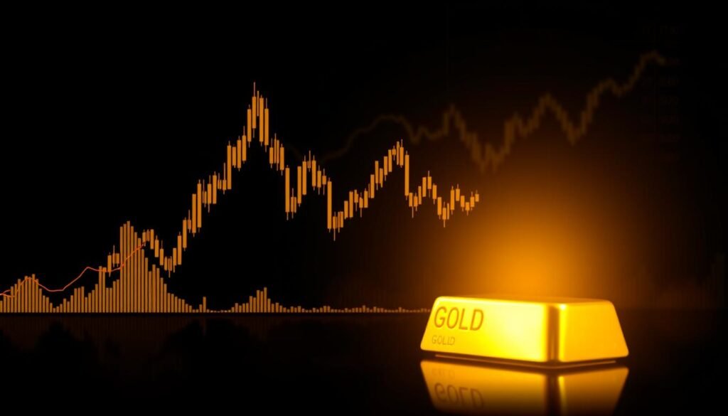 A dramatic, high-contrast composition showcasing the key patterns of gold price movements. In the foreground, a series of golden candlestick charts against a dark, moody backdrop, illuminated by a warm, directional light. The charts display distinct bullish and bearish patterns, including ascending and descending triangles, double tops and bottoms, and symmetrical triangles. In the middle ground, a glistening gold ingot casts a warm, reflective glow. The background is a minimalist, almost abstract representation of stock market graphs and financial data, rendered in shades of gray. The overall atmosphere is one of analytical precision and financial significance, inviting the viewer to closely examine the nuances of gold price patterns.