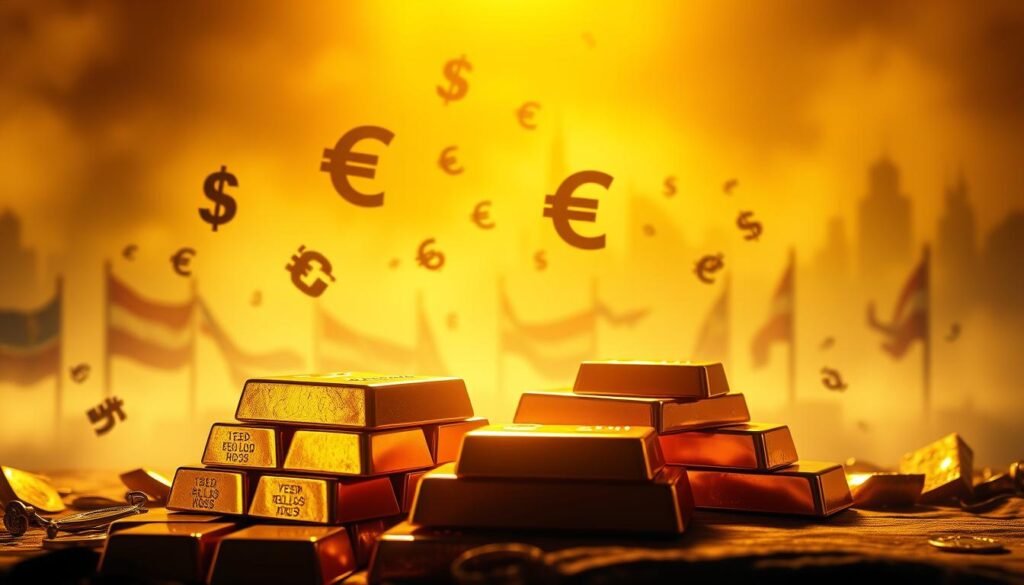 A dramatic scene of gold bullion set against a backdrop of shifting currencies. In the foreground, a gleaming stack of gold bars casts a warm, golden glow, capturing the solidity and timelessness of the precious metal. In the middle ground, floating currency symbols - dollar, euro, yen - swirl and dance, representing the volatility and uncertainty of global exchange rates. The background is a hazy, ethereal landscape, with ghostly silhouettes of different national flags fading in and out, symbolizing the ebb and flow of economic dominance. Dramatic lighting casts dramatic shadows, heightening the sense of drama and significance. Cinematic in its presentation, this image evokes the historic role of gold as a hedge against currency fluctuations. A dramatic scene of gold bullion set against a backdrop of shifting currencies. In the foreground, a gleaming stack of gold bars casts a warm, golden glow, capturing the solidity and timelessness of the precious metal. In the middle ground, floating currency symbols - dollar, euro, yen - swirl and dance, representing the volatility and uncertainty of global exchange rates. The background is a hazy, ethereal landscape, with ghostly silhouettes of different national flags fading in and out, symbolizing the ebb and flow of economic dominance. Dramatic lighting casts dramatic shadows, heightening the sense of drama and significance. Cinematic in its presentation, this image evokes the historic role of gold as a hedge against currency fluctuations.