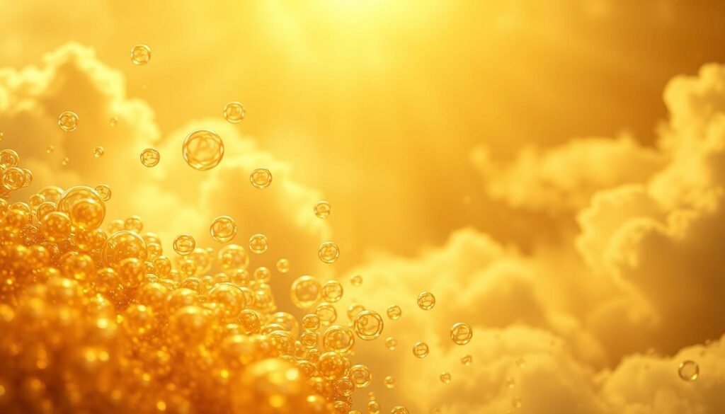 A dramatic scene of gold market bubbles floating amidst a cloudy, ethereal atmosphere. In the foreground, clusters of gleaming, iridescent bubbles in various sizes drift gently, their surfaces reflecting the light with a mesmerizing brilliance. The middle ground features a hazy, golden-tinted backdrop, suggesting the bustling activity of the gold market. Subtle, wispy clouds add depth and a sense of movement to the composition. The overall mood is one of fragility, transience, and the unpredictable nature of financial markets, perfectly capturing the essence of "Understanding Market Bubbles and Busts in the Gold Sector."