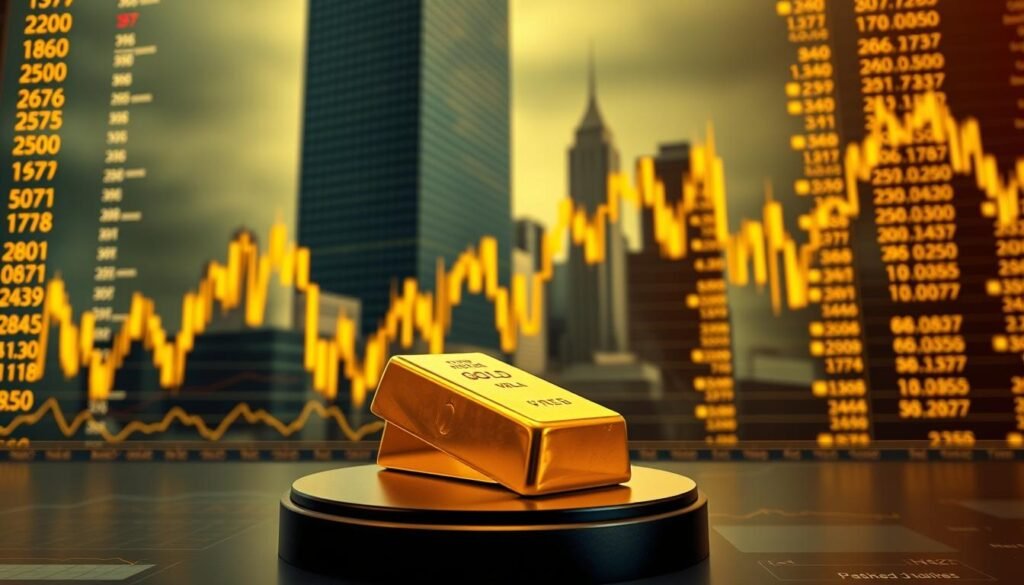 A dramatic stock market backdrop with bold gold-colored headlines cascading across the frame, casting a warm, golden glow. In the foreground, a sturdy gold bullion bar rests on a sleek, dark pedestal, symbolizing the solidity and allure of the precious metal. The midground features a tangle of financial charts and graphs, their lines and curves mirroring the volatility of the markets. The background is dominated by a towering skyscraper skyline, its reflective glass windows glinting in the muted lighting, evoking the global scale and impact of financial news. The overall composition conveys the powerful connection between current events and the fluctuations of the gold market.