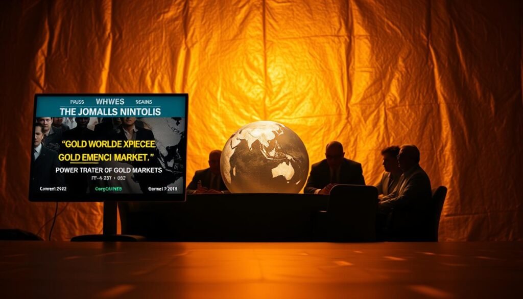 A dramatic tabloid-style headline layout against a textured golden background, casting a warm glow. In the foreground, crisp digital news headlines flash across a sleek, high-tech display, conveying a sense of urgency and immediacy. In the middle ground, a globe spins slowly, representing the global reach of these geopolitical events. The background depicts a shadowy silhouette of world leaders in a tense, secretive meeting, their faces obscured, suggesting the behind-the-scenes power dynamics that influence gold markets. Dramatic lighting and cinematic framing create a heightened sense of tension and importance.