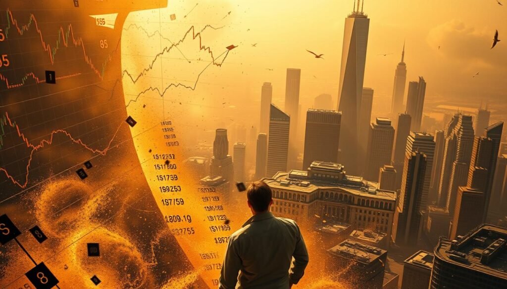 A dramatic, volatile landscape of the gold market, bathed in warm, golden light. In the foreground, a whirlwind of dynamic price charts and graphs, reflecting the rapid fluctuations of gold's value. Amidst the turbulence, a solitary trader, their expression a mixture of determination and uncertainty, navigates the shifting tides. In the middle ground, a panoramic view of the bustling trading floor, with brokers and analysts engaged in intense, high-stakes negotiations. The background is a hazy, dreamlike rendering of the global financial centers, their iconic skyscrapers and towers casting long shadows across the scene. The overall atmosphere conveys the tension, excitement, and challenges of investing in the volatile gold market. A dramatic, volatile landscape of the gold market, bathed in warm, golden light. In the foreground, a whirlwind of dynamic price charts and graphs, reflecting the rapid fluctuations of gold's value. Amidst the turbulence, a solitary trader, their expression a mixture of determination and uncertainty, navigates the shifting tides. In the middle ground, a panoramic view of the bustling trading floor, with brokers and analysts engaged in intense, high-stakes negotiations. The background is a hazy, dreamlike rendering of the global financial centers, their iconic skyscrapers and towers casting long shadows across the scene. The overall atmosphere conveys the tension, excitement, and challenges of investing in the volatile gold market.
