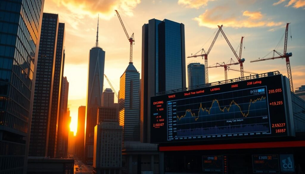 A dynamic cityscape at dusk, with towering skyscrapers and cranes silhouetted against an orange-hued sky. In the foreground, a stock exchange board displays real-time data, illuminating the soaring performance of mining companies. Intricate charts and graphs project a sense of financial growth and opportunity. The scene is bathed in a warm, golden light, conveying a mood of prosperity and optimism. The composition is balanced, with a focus on the central stock board, framed by the urban landscape. A wide-angle lens captures the grand scale and energy of this bustling financial district. A dynamic cityscape at dusk, with towering skyscrapers and cranes silhouetted against an orange-hued sky. In the foreground, a stock exchange board displays real-time data, illuminating the soaring performance of mining companies. Intricate charts and graphs project a sense of financial growth and opportunity. The scene is bathed in a warm, golden light, conveying a mood of prosperity and optimism. The composition is balanced, with a focus on the central stock board, framed by the urban landscape. A wide-angle lens captures the grand scale and energy of this bustling financial district.