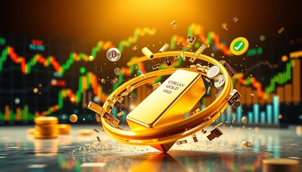 A dynamic, energetic composition showcasing the graceful interplay of gold bullion and diverse financial assets. In the foreground, a gleaming gold bar rotates against a backdrop of stock charts, financial graphs, and currency symbols, all moving in a fluid, synchronized dance. The middle ground features a vivid, vibrant color palette, with shimmering hues of gold, silver, and emerald green. The background is bathed in a warm, diffused light, creating a sense of depth and dimension. Powerful yet elegant, the image conveys the essence of dynamic asset rotation - the strategic balance and optimization of investments in a modern, forward-thinking portfolio.