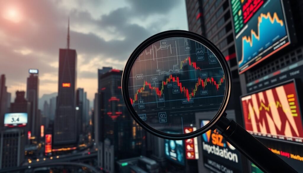 A dynamic financial landscape with fluctuating stock charts and volatile market indicators. A cityscape of towering skyscrapers and electronic billboards reflects the complex, ever-changing nature of portfolio investments. In the foreground, a magnifying glass hovers, drawing focus to the intricate patterns and data visualizations that represent the volatility inherent in modern investment strategies. Dramatic lighting casts deep shadows, evoking a sense of uncertainty and risk. The overall atmosphere conveys the challenges and opportunities inherent in navigating the volatile world of portfolio management.