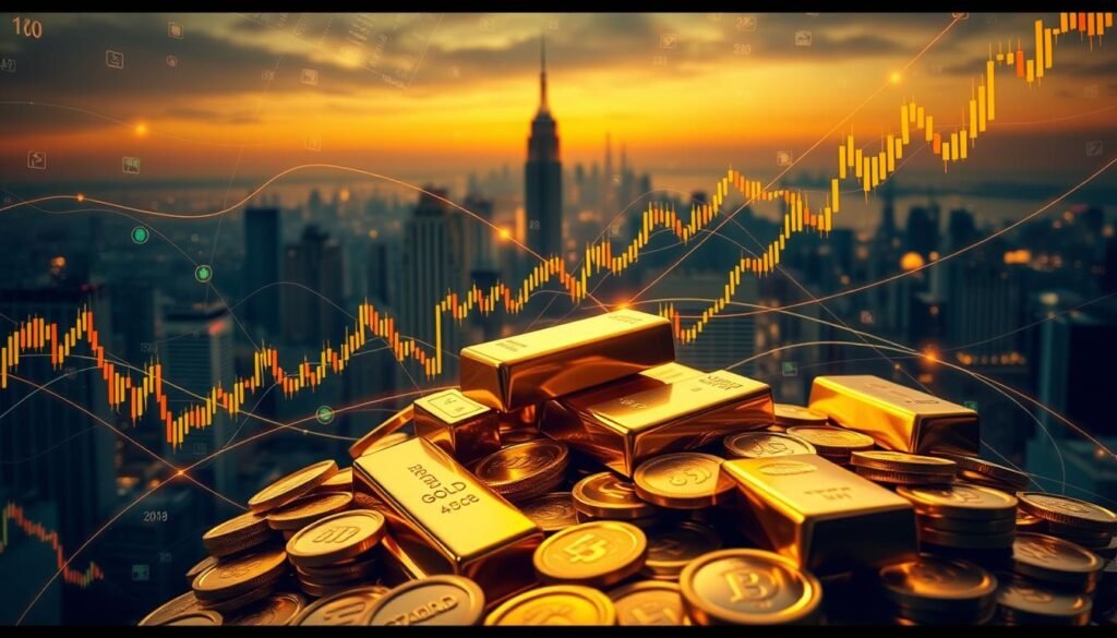 A dynamic, high-contrast scene depicting the intricate rhythms of the global gold market. In the foreground, a cluster of golden bullion bars and coins, their surfaces gleaming under warm, focused lighting. Surrounding them, a swirling, abstract representation of market data - candlestick charts, stock tickers, and overlapping lines and curves that suggest the constant ebb and flow of prices. In the background, a hazy cityscape at dusk, with towering skyscrapers and a sense of bustling financial activity. The overall mood is one of intensity, precision, and the palpable energy of the global gold trade. A dynamic, high-contrast scene depicting the intricate rhythms of the global gold market. In the foreground, a cluster of golden bullion bars and coins, their surfaces gleaming under warm, focused lighting. Surrounding them, a swirling, abstract representation of market data - candlestick charts, stock tickers, and overlapping lines and curves that suggest the constant ebb and flow of prices. In the background, a hazy cityscape at dusk, with towering skyscrapers and a sense of bustling financial activity. The overall mood is one of intensity, precision, and the palpable energy of the global gold trade.