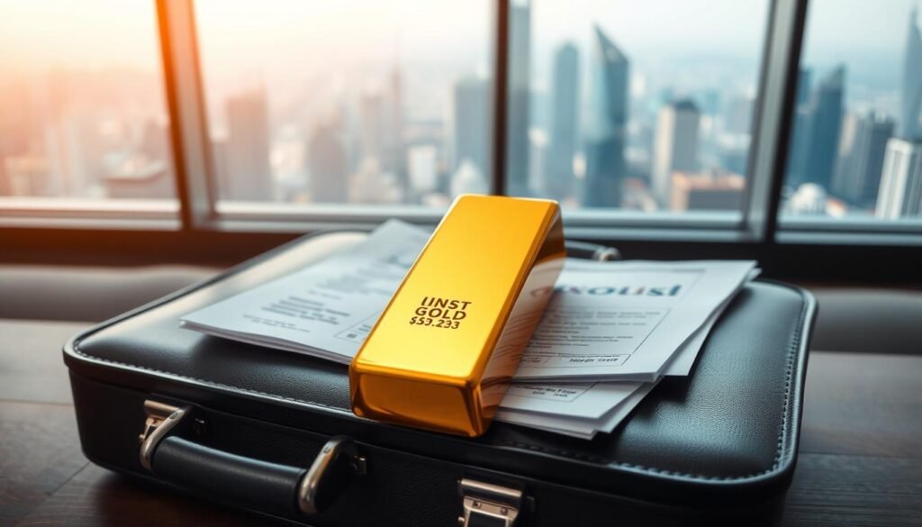 A finely polished gold bar rests on a sleek black leather briefcase, casting a warm reflection on the meticulously organized financial documents nearby. In the background, a panoramic window overlooks a bustling cityscape, the towering skyscrapers glimmering under a soft, diffused light. The scene conveys a sense of stability, wealth, and the strategic role precious metals play in the world of business finance. The composition is carefully balanced, with the gold bar taking center stage, symbolizing the tangible value and security it can provide to a company's balance sheet. A finely polished gold bar rests on a sleek black leather briefcase, casting a warm reflection on the meticulously organized financial documents nearby. In the background, a panoramic window overlooks a bustling cityscape, the towering skyscrapers glimmering under a soft, diffused light. The scene conveys a sense of stability, wealth, and the strategic role precious metals play in the world of business finance. The composition is carefully balanced, with the gold bar taking center stage, symbolizing the tangible value and security it can provide to a company's balance sheet.