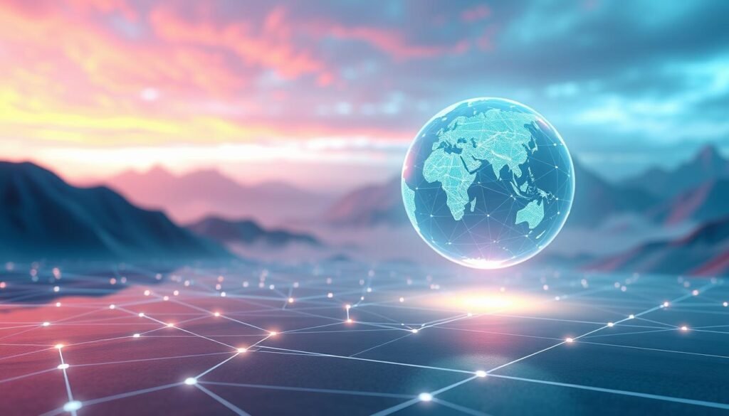 A futuristic 3D rendering of blockchain technology in a clean, minimalist style. In the foreground, a sleek, crystalline blockchain network structure glows with a soft, pulsing light. In the middle ground, a floating, holographic globe displays a network of interconnected nodes and transactions. The background features a vivid, atmospheric landscape with dramatic lighting, creating a sense of depth and scale. The overall scene conveys a harmonious balance between the abstract, technological elements and the natural, almost mystical environment, reflecting the integration of blockchain into the real world.